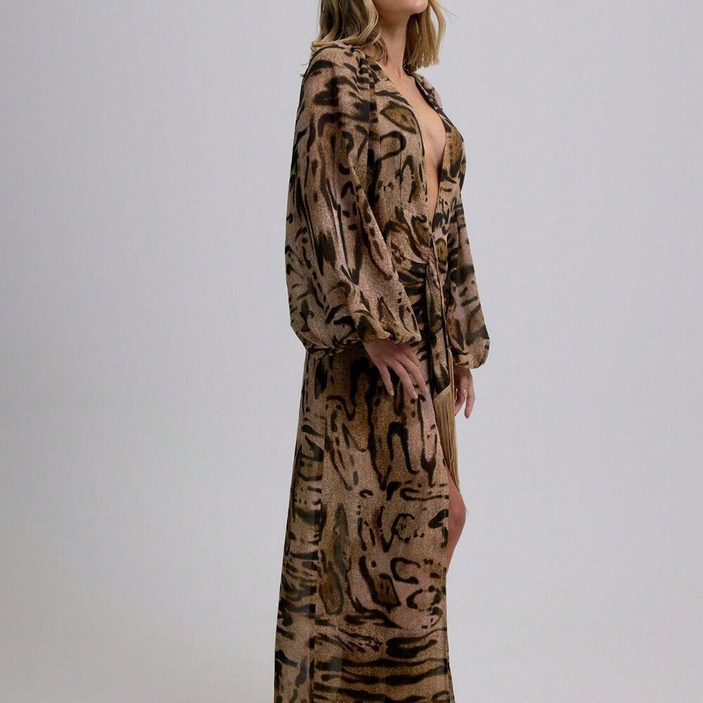 Brown Elegant Women's Zebra Print Deep V Neck Maxi Dress with Tassel Detail - Picture 2 of 6